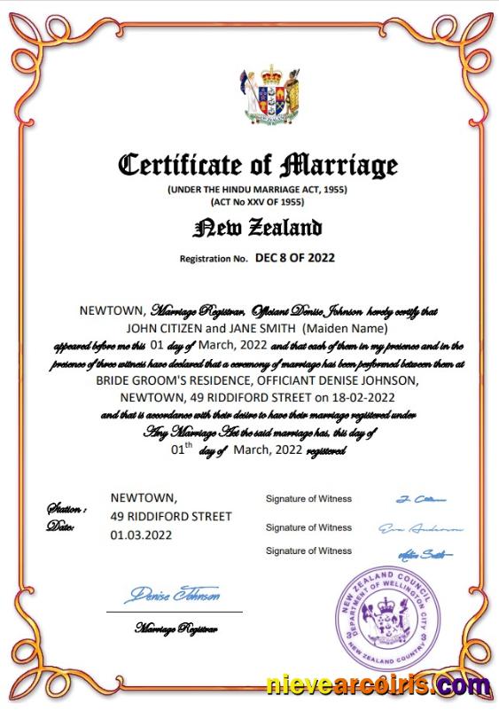 New Zealand marriage certificate